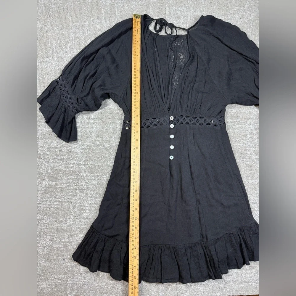 Free People Black Bell Sleeve Boho Open Back Button Down Lagnelook Dress Sz XS